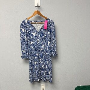 NWT Lilly Pulitzer Sz S Aegean Navy Beach Path Cath Dress Easy Fit 3/4 Sleeves